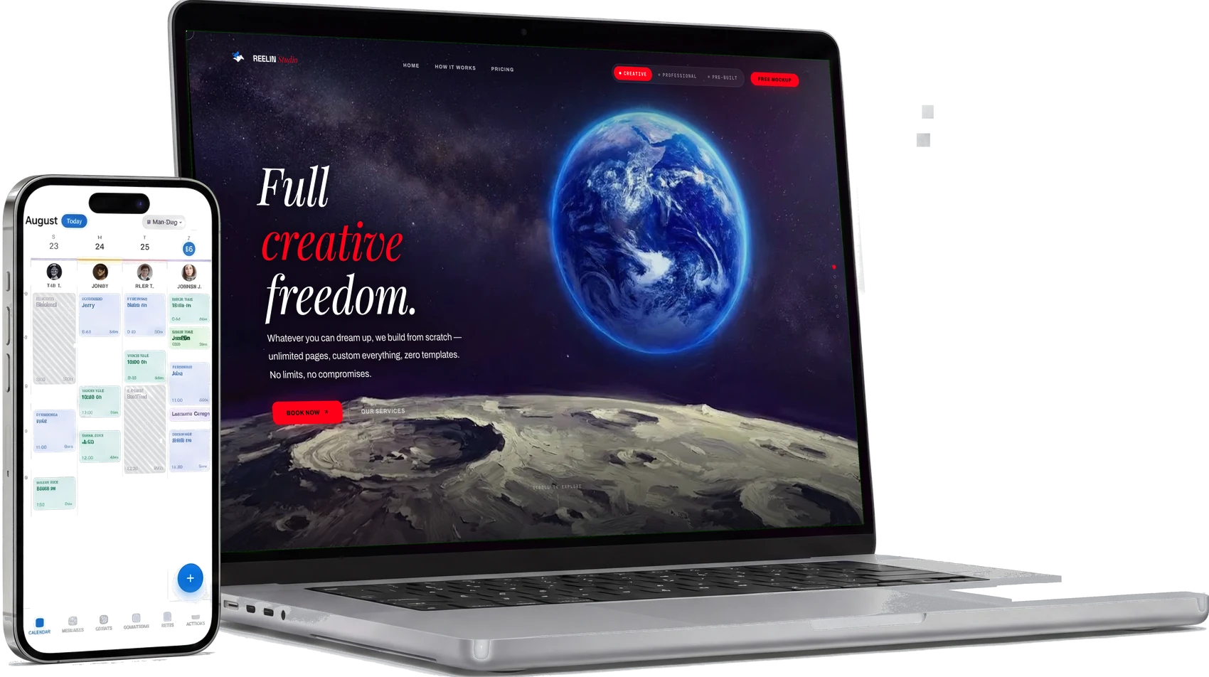 A Reelin Studio website on a laptop with the Reelin booking app on a phone