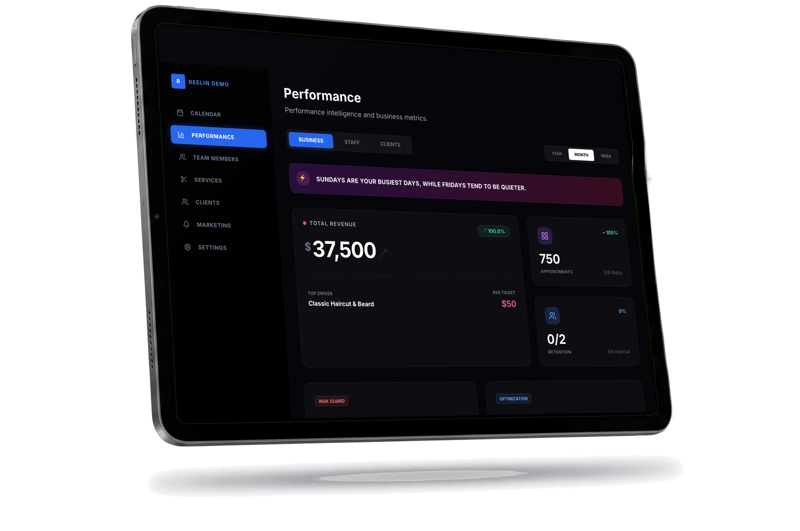 The Reelin performance dashboard in dark mode on an iPad